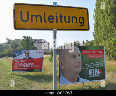 28. August 2019, Brandenburg, Frankfurt (Oder): ein Verkehrsschild mit der Aufschrift "Diversion" steht auf einer Straße vor zwei Wahlplakate mit der Spitzenkandidat der CDU für die Landtagswahl in Brandenburg, Ingo Senftleben und der Ministerpräsident von Brandenburg und Spitzenkandidat für die SPD in Brandenburg, Dietmar Woidke. Ein neues Parlament wird in Brandenburg am 01. September gewählt. Foto: Patrick Pleul/dpa-Zentralbild/ZB Stockfoto