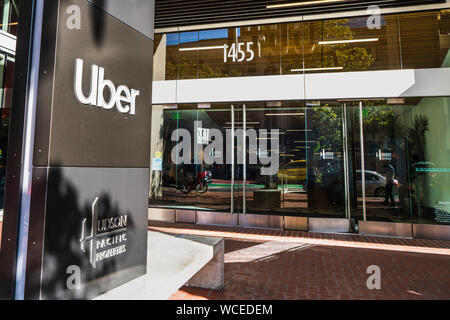 August 21, 2019 San Francisco/CA/USA - UBER Hauptsitz in Soma district; Uber Technologies, Inc. ist eine US-amerikanische multinationale Transport net Stockfoto