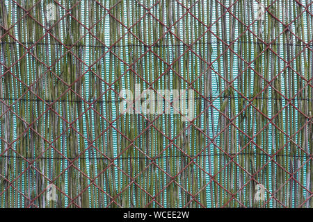 Textur der doppelten Zaun. Rusty Metallgewebe und undurchsichtige Reed mat. Detail der Garten Fechten aus alten, braunen wire netting. Grüne Matten im Hintergrund. Stockfoto