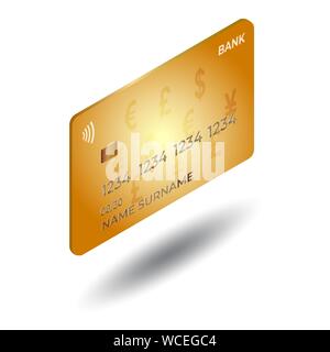 Isometrische Bank Kredit- oder Debitkarte. Zahlen oder Wechselstube Konzept auf einem dunklen blau leuchtenden Hintergrund. Teil von UI-Design für Anwendungen und Websites. Stock Vektor