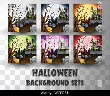 Halloween cartoon Silhouette Hintergrund mit unterschiedlichen Farbe Szene Stock Vektor