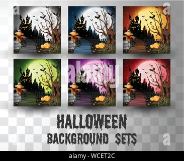 Halloween cartoon Silhouette Hintergrund mit unterschiedlichen Farbe Szene Stock Vektor