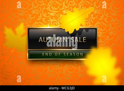 Herbst Sale vektor Plakat mit gelben Blätter im Herbst. Helle luxus Banner. Goldene Schrift auf schwarzem Grüne rechteckige Label Gold frame. Orange floral Stock Vektor