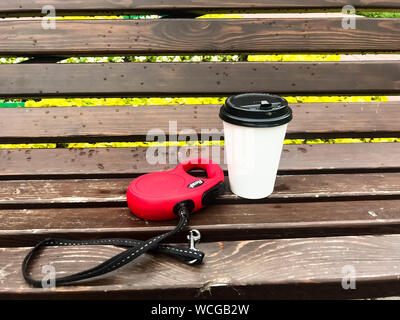 Einweg weiss Glas Kaffee mit schwarzer Abdeckung steht mit hund leine auf der alten Holzbank vor dem Hintergrund von Gras in Park oder Garten. Conce Stockfoto