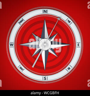 Kompass Symbol auf rotem Hintergrund isoliert. 3D-Darstellung. Stockfoto