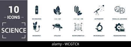 Science Icon Set. Gefüllt flachbild Landwirtschaft, Biotechnologie, Bioinformatik, bio Waffe, parallelen Universum, Ufologie, Ökologie, Mikrobiologie Symbole Stockfoto