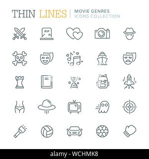Sammlung von filmgenres dünne Zeile für Symbole Stock Vektor