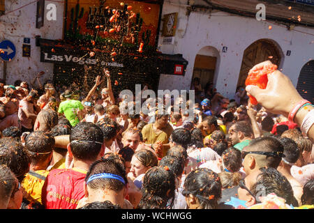 Buñol, Valencia, Spanien, 28. August 2019, der weltweit größte friedliche Tomate Krieg gefeiert wird auf den Straßen. 22.000 junge Menschen starten 150.000 kg reife Tomaten in 6 Lkw verteilt. Credit: Salva Garrigues/Alamy leben Nachrichten Stockfoto