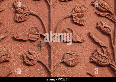 Skurrile Bild eines echten Dragonfly Ruhestätte auf dem floralen Schnitzereien aus rotem Sandstein in der Fe-Verbot Moschee, Taj Mahal, Agra, Uttar Pradesh, Indien Stockfoto