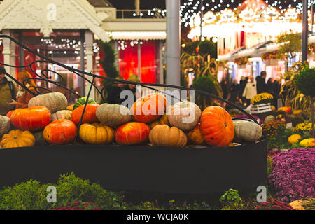 Kürbisse zum Verkauf in verschiedenen Größen und Farben auf lokaler Herbstmesse. Horizontale Ausrichtung. Stockfoto