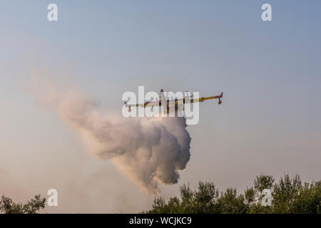 Canadair CL-215 der griechischen Luftwaffe gegen Waldbrände in Corfu Griechenland kämpft. Das war die 3. Forest fire innerhalb einer Woche. Stockfoto