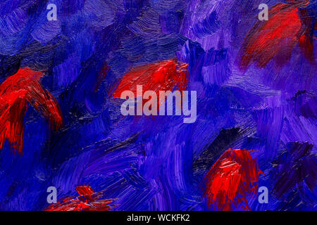Abstract red, blue and violet brush strokes, real oil painting on canvas by hand full frame Stockfoto