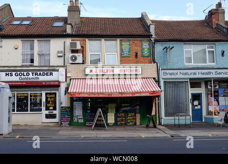 Horfield Bristol UK - M.J. Dalton traditionelle Metzger shop in Gloucester Road. Stockfoto