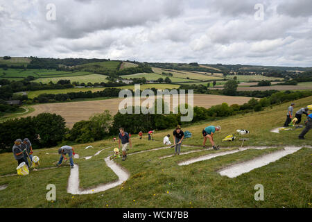 Freiwillige Arbeit der Cerne Abbas Giant in Dorset, wo Menschen arbeiten mit dem National Trust-Chalk Die riesigen Abbildung, der gedacht wird, auf dem Hügel seit dem 17. Jahrhundert, wurde und wird von Hand durch Dutzende von Freiwilligen renoviert werden in den nächsten zwei Wochen seit der letzten Aktualisierung im Jahr 2008 zu aktualisieren. Stockfoto