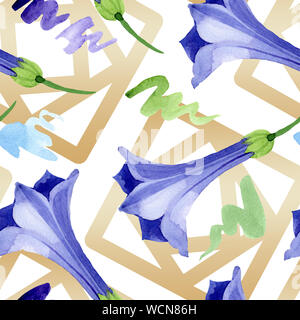 Blau Engelstrompeten floral botanischen Blumen. Aquarell Hintergrund Abbildung. Nahtlose Muster. Stockfoto
