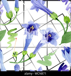 Blau Engelstrompeten floral botanischen Blumen. Aquarell Hintergrund Abbildung. Nahtlose Muster. Stockfoto