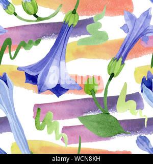 Blau Engelstrompeten floral botanischen Blumen. Aquarell Hintergrund Abbildung. Nahtlose Muster. Stockfoto