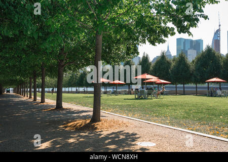 Roosevelt Island Park, Ansicht im Sommer der Linden und die Menschen entspannen auf dem Rasen des Franklin D Roosevelt vier Freiheiten Park, New York City, USA. Stockfoto