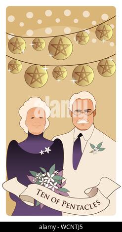 Zehn der Kelche. Tarot Karten. Elegante und gerne älteres Paar, unter hellen Lichtern und zehn goldenen Münzen Stock Vektor
