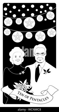 Zehn der Kelche. Tarot Karten. Elegante und gerne älteres Paar, unter hellen Lichtern und zehn goldenen Münzen Stock Vektor