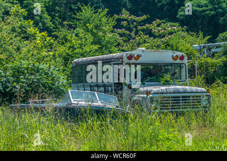 Old School Bus und Boot in einem offenen Bereich mit hohen Gräsern und Unkräutern um Sie herum, die auf einem hellen sonnigen Nachmittag wachsenden abgebrochen Stockfoto