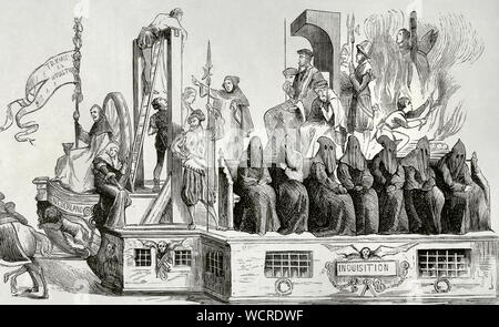 Die Befriedung von Gent. Erklärung unterzeichnet am 8. November 1576, durch die die nördlichen und südlichen Provinzen der Niederlande beiseite legen ihre religiöse Differenz und in der Revolte gegen die spanischen Habsburger united. Commemorative Prozession des dritten Jahrestages der Befriedung von Gent, feierte er in der Stadt. Allegorie der spanischen Inquisition oder dem zuständigen Gericht des Heiligen Offiziums. Gravur. La Ilustracion Española y Americana, 30. September 1876. Stockfoto