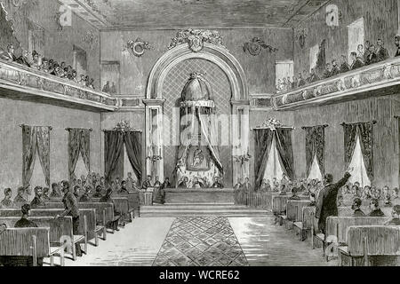 Spanien, Baskenland, Biskaya, Bilbao. Sitzung der Juntas Generales de Vizcaya (Parlament Foral von Biskaya). Sitzungen abgehalten wurden, zum ersten Mal in der Aula des Instituts in Bilbao. Das Gesetz wurde unter Vorsitz von einem Porträt von König Alfonso XII. Die letzte Sitzung fand am Abend des 7. Oktober 1876 statt. Zuvor diese Sitzungen abgehalten wurden, je nach Zuständigkeit, im Baum der Guernica (Gernika). Am Ende der Karlistenkriege in 1876, die Juntas Generales wurden zusammen mit dem Rest der chartered Regime abgeschafft. Gravur. La Ilustracion Española y Americana, 22. Oktober, 18. Stockfoto