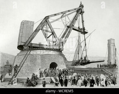 Italien. Hafen von Spezia. Italienische Marine. Montage der riesigen 100-Tonnen Armstrong Kanone auf dem Linienschiff 'Duilio'. Ein großer Kran durch einen Techniker von Elswick Ordnance Company, von William Armstrong 1847 gegründet, hatte am 15. Oktober 1876 gebaut werden, um die Kanone zu installieren. Kupferstich von capuz. La Ilustracion Española y Americana, 22. November 1876. Stockfoto