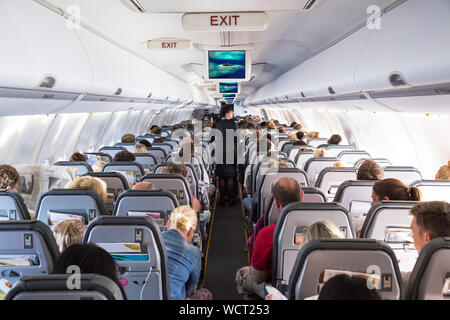 Innenansicht auf Passagier- und Kabinenpersonal Menschen auf einer Airline Flugzeug während des Fluges zu Vermietungen. Transport Tourismus Luftfahrt Konzept Stockfoto