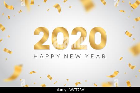Frohes Neues Jahr 2020. Golden luxus Text auf weißem Hintergrund. Weihnachten Design mit gold Konfetti. Xmas-Konzept mit hellen defokussierten Elemente. Vektor Stock Vektor