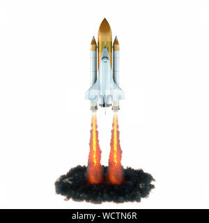 Space Shuttle Launch isoliert auf weißem Hintergrund. 3D-Darstellung. Stockfoto