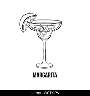 Margarita Vektor handgezeichnete Illustrationen. Alkoholische Getränke von Zitrusfrüchten. Starkes Getränk. Monochrome Cocktail mit Eis und Zitronenscheibe auf Glas Tinte Zeichnung. Night Club Menü, Poster design Element Stock Vektor