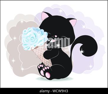 Die schöne schwarze Katze, Kitten, sitzt und Lächeln, schwarze Katze mit Eis Stock Vektor
