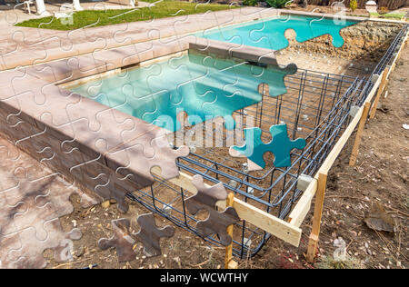 Puzzleteile zusammenfügen, Fertig Pool zu bauen über Bau. Stockfoto