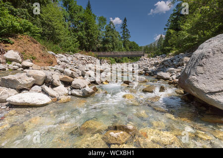 Footbrdge auf dem Balcon Sud über den Fluss Arve in der Nähe von Montroc im Tal von Chamonix Stockfoto