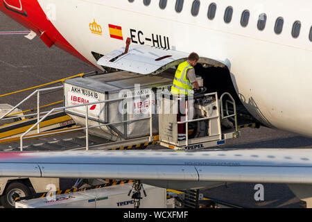 Der internationale Flughafen Düsseldorf, DUS, Iberia Flugzeug entladen werden, Kofferraum, Container, Stockfoto