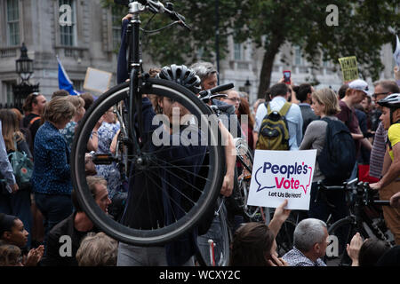 London, Großbritannien. August 2019. Anti-Brexit-Demonstranten, die in die Straßen von Zentral-London gingen, sahen vor der Downing Street 10 sitzen und stehen. Pendlerfahrer tragen ihre Fahrräder über die sitzenden Demonstranten. Quelle: Joe Kuis / Alamy News Stockfoto