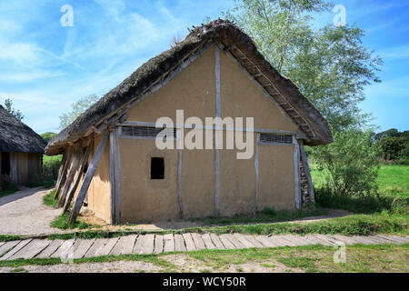 Historische Fachwerkhaus mit Lehm Putz und Reetdach in der rekonstruierten Wikingerdorf Hedeby am Ufer der Schlei Der Einlass Stockfoto