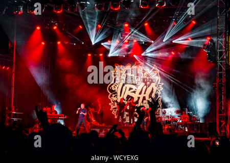 Reggae Band, UB 40 Spielen PNE Fair, Pacific National Exhibition, Hastings Park, Vancouver, British Columbia, Kanada Stockfoto