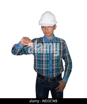 hand of engineer holding Triangle trowel and wear white safety helmet plastic on white background. construction concept Stockfoto