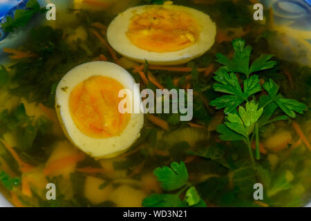 Suppe mit gekochtem Ei und Petersilie, Licht Sommer Suppe. Stockfoto