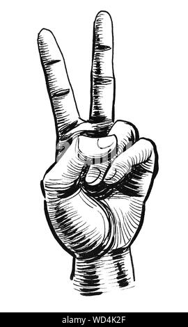 Hand, Sieg unterzeichnen. Tinte schwarz-weiss Zeichnung Stockfoto