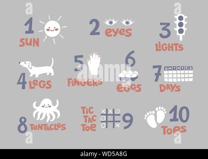 Zahlen und Zählen Praxis druckbare Poster, Arbeitsblatt für Vorschule, Kindergarten Kinder. Bunte zahlen Flashcard für Kinder lernen zu zählen. Stock Vektor