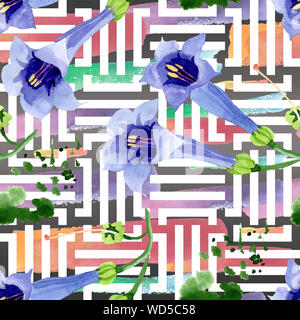 Blau Engelstrompeten floral botanischen Blumen. Aquarell Hintergrund Abbildung. Nahtlose Muster. Stockfoto