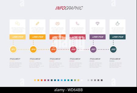 Bunte Diagramm, infografik Vorlage. Timeline mit 6 Optionen. Platz Workflow für das Geschäft. Vektor Design. Stock Vektor