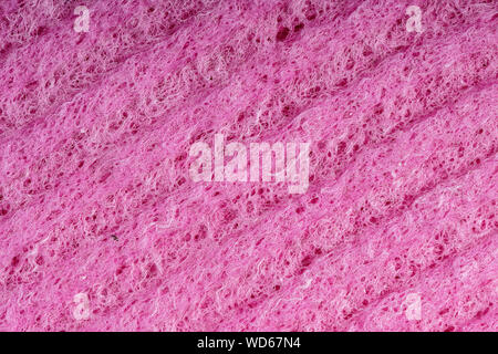 Haushalt Reinigung Schwämme schließen oben. Schwamm detail Textur, Schwamm Textur Nahaufnahme Hintergrund. Cellulose rot Schwamm Textur. Rosa Drahtgeflecht auf Schwamm Stockfoto