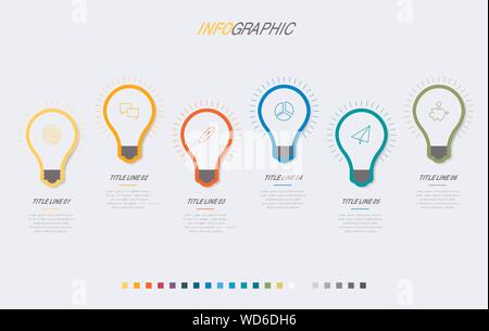 Abstrakte business Glühbirnen Infografik Vorlage mit 6 Schritten. Bunte Diagramm, timeline und Zeitplan auf hellen Hintergrund isoliert. Stock Vektor