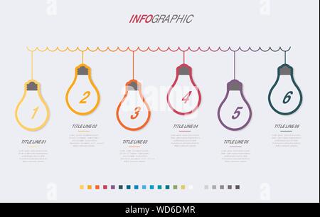 Bunte Diagramm, Glühbirnen Infografik Vorlage. Timeline mit 6 Schritten Glühbirnen Workflow für das Geschäft. Vektor Design. Stock Vektor