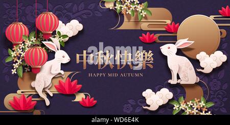 Glücklich mid Autumn Festival Design mit Paper art Kaninchen und roten Laternen auf lila Hintergrund, Ferienwohnung Namen in chinesischen Wörtern geschrieben Stock Vektor