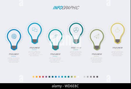 Bunte Diagramm, Glühbirnen Infografik Vorlage. Timeline mit 6 Optionen. Glühbirnen Workflow für das Geschäft. Vektor Design. Stock Vektor